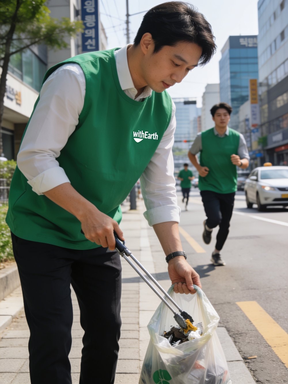 도심에서 플로깅하는 참여자